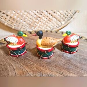 Vintage Plastic Ducks on Drum Lot of 3 Christmas ornaments Mallard Hunting Decor